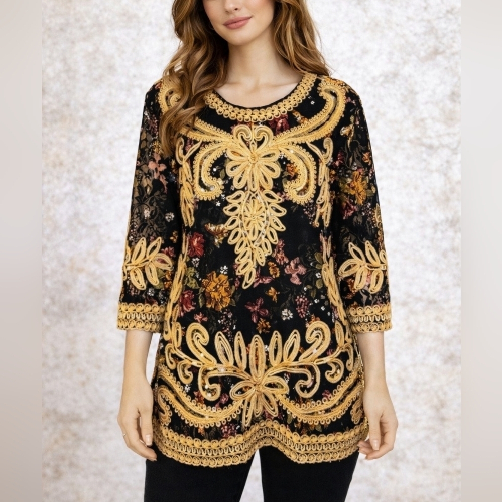 Na NU RI Floral Lace Sequin Embroidered Castlecore Blouse